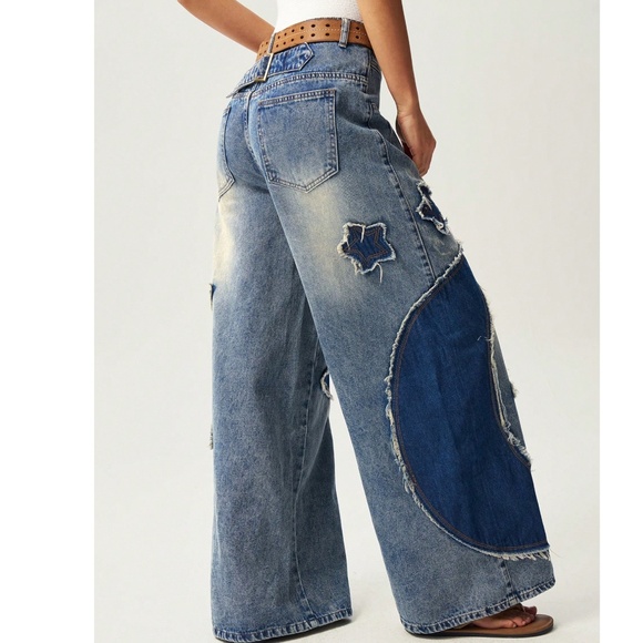 Western Medium Wash Star Patch Denim Jean Wide leg Pants - Picture 4 of 6